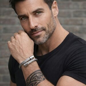 Men's Silver Stainless Steel Cable Cuff Bracelet Twisted Wire Industrial Modern